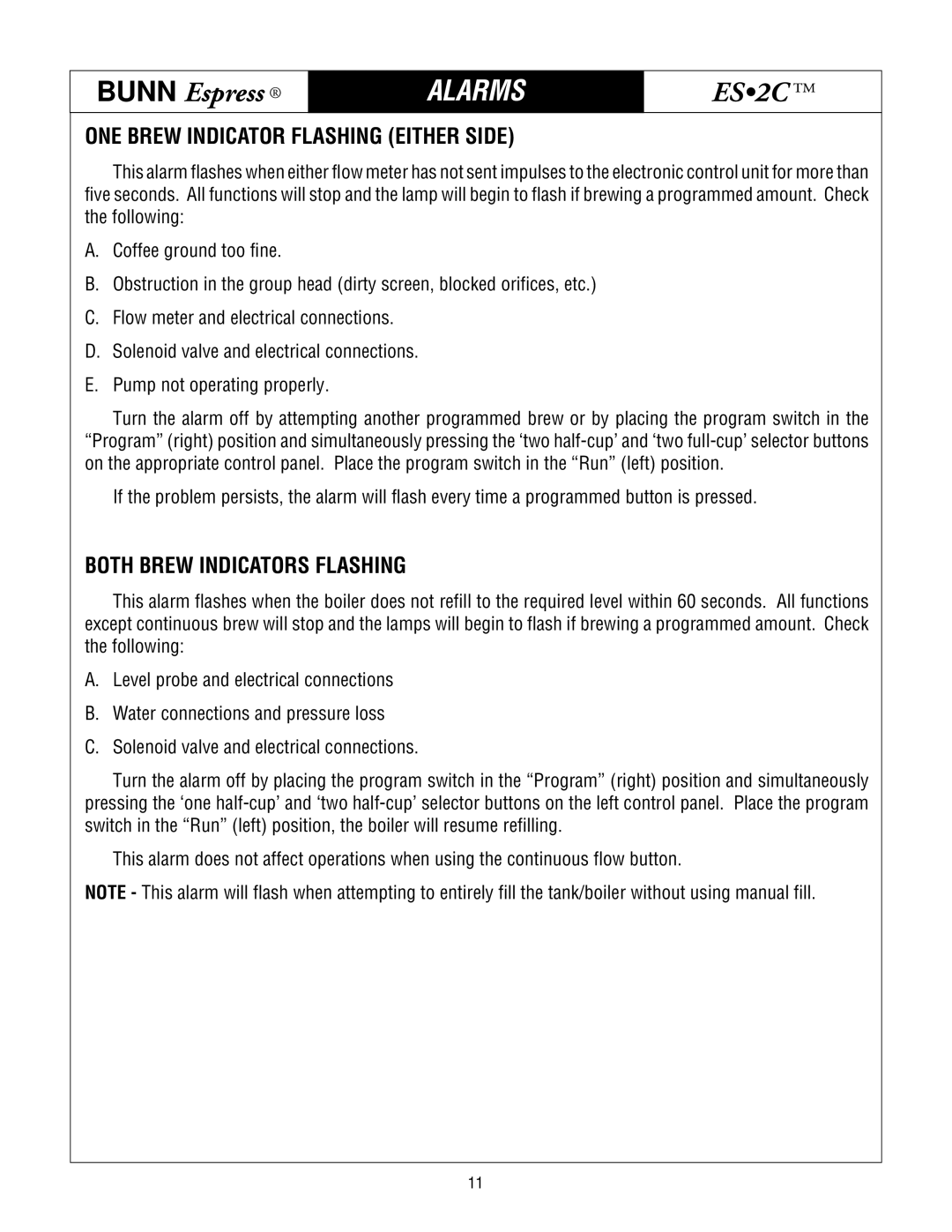 Bunn ES.2C service manual Alarms, ONE Brew Indicator Flashing Either Side, Both Brew Indicators Flashing 