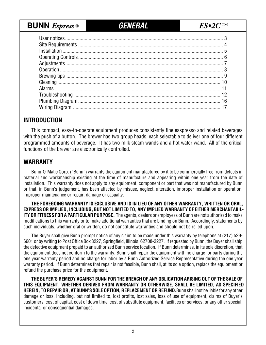 Bunn ES.2C service manual General, Introduction, Warranty 