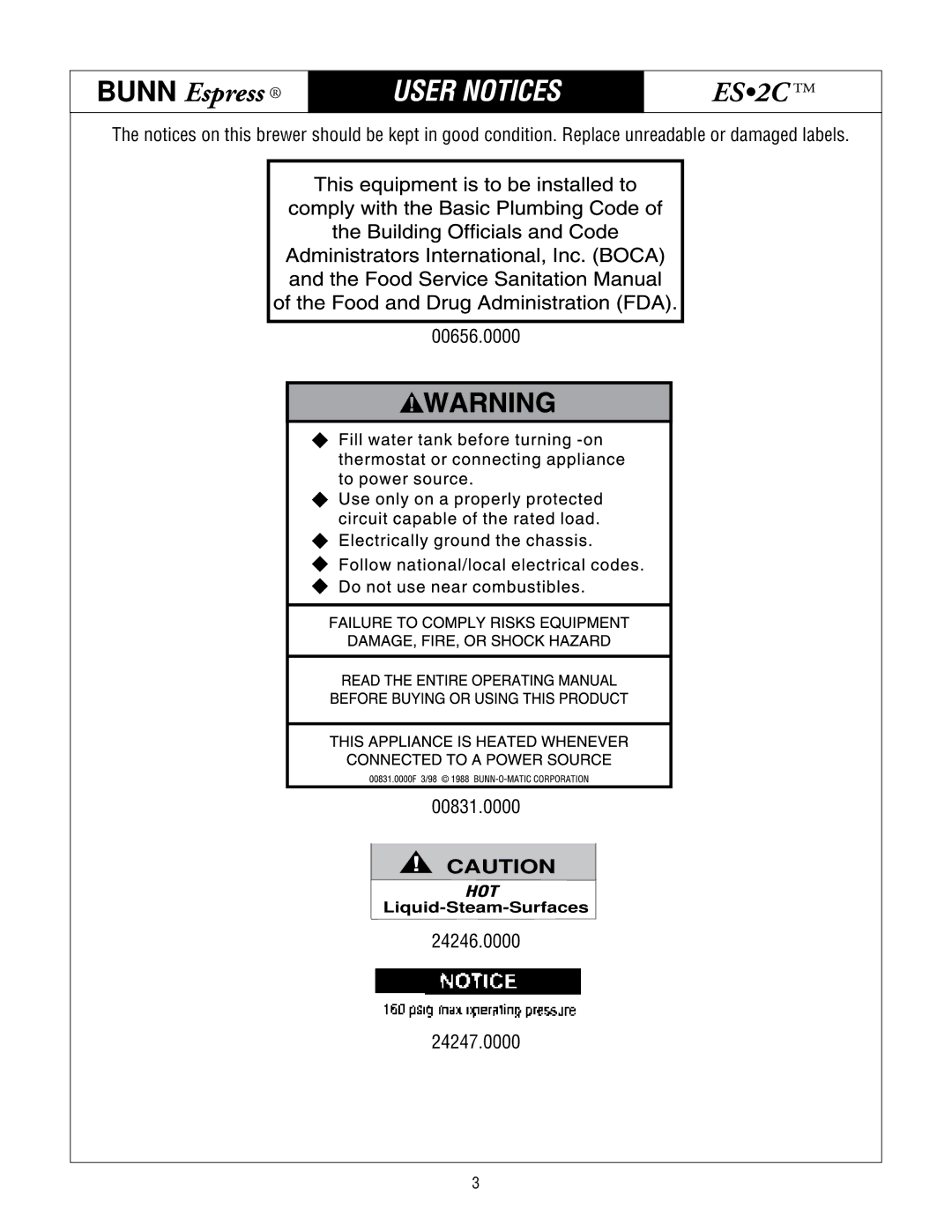 Bunn ES.2C service manual User Notices 