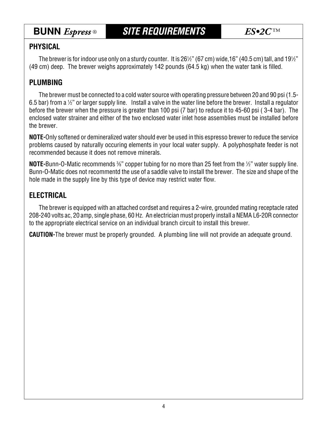 Bunn ES.2C service manual Site Requirements, Physical, Plumbing, Electrical 