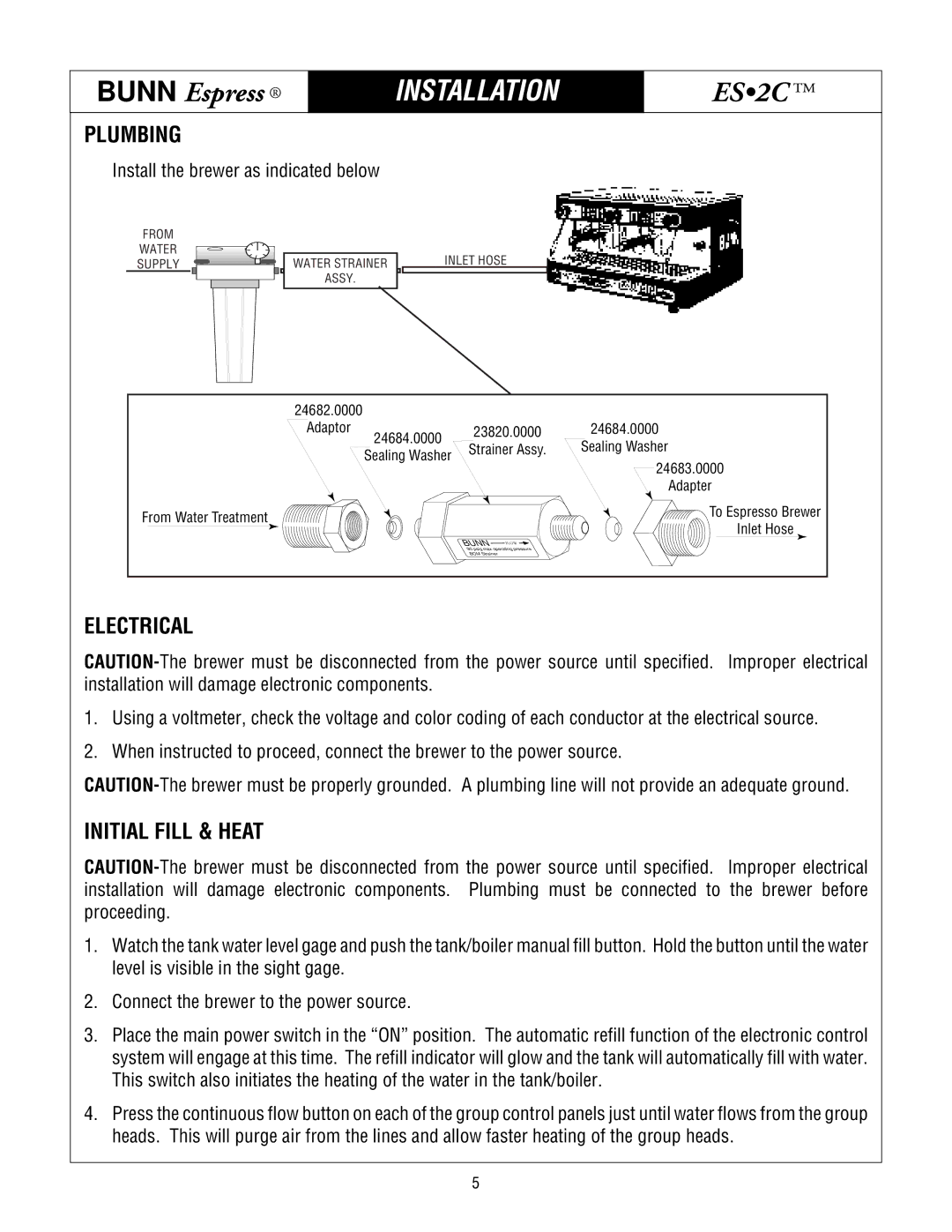 Bunn ES.2C service manual Installation, Initial Fill & Heat 