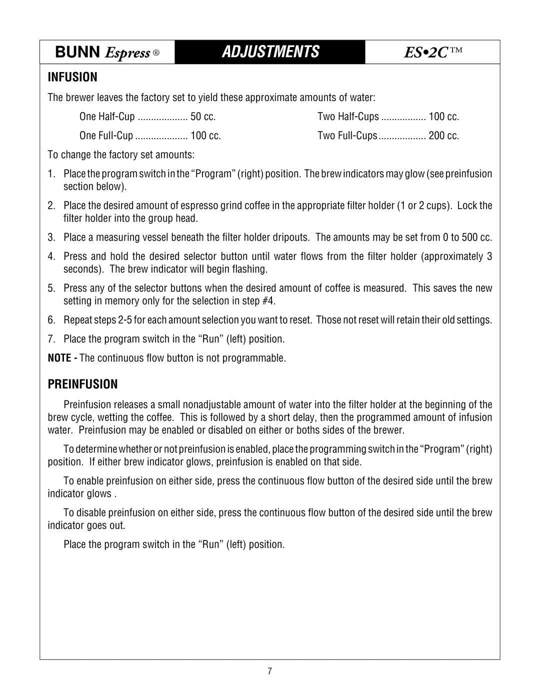 Bunn ES.2C service manual Adjustments, Infusion, Preinfusion 