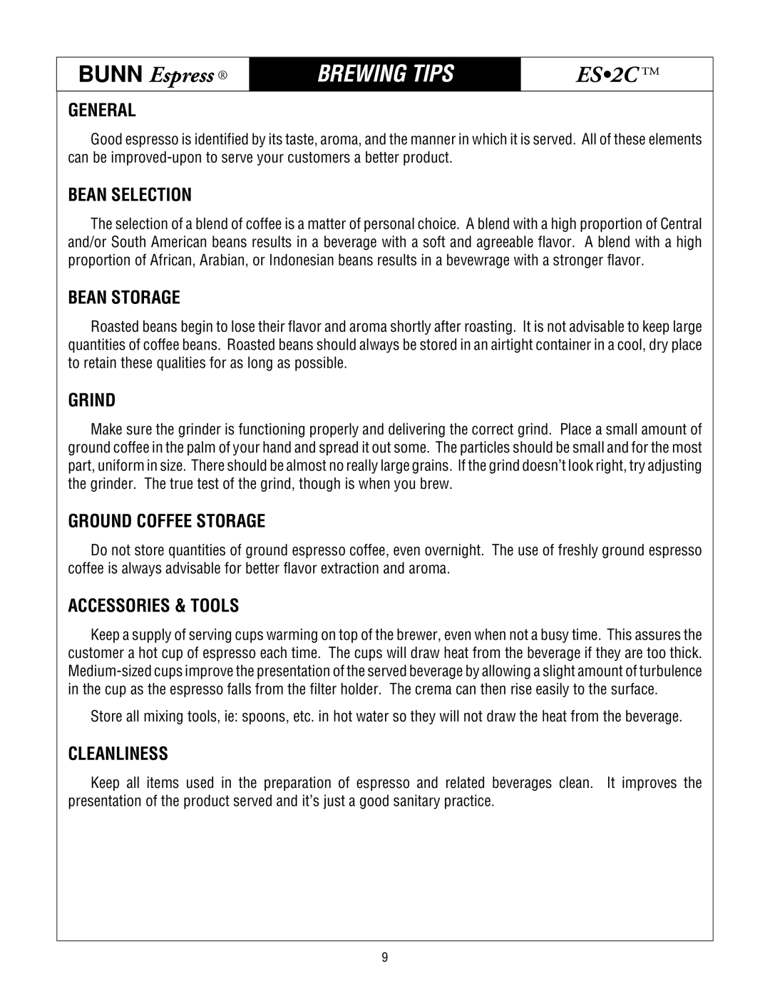 Bunn ES.2C service manual Brewing Tips 