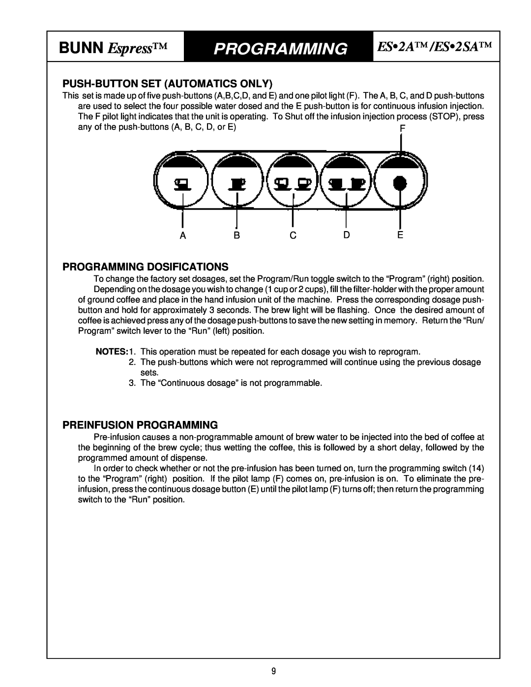 Bunn ES2SA Push-Button Set Automatics Only, Programming Dosifications, Preinfusion Programming, BUNN Espress 