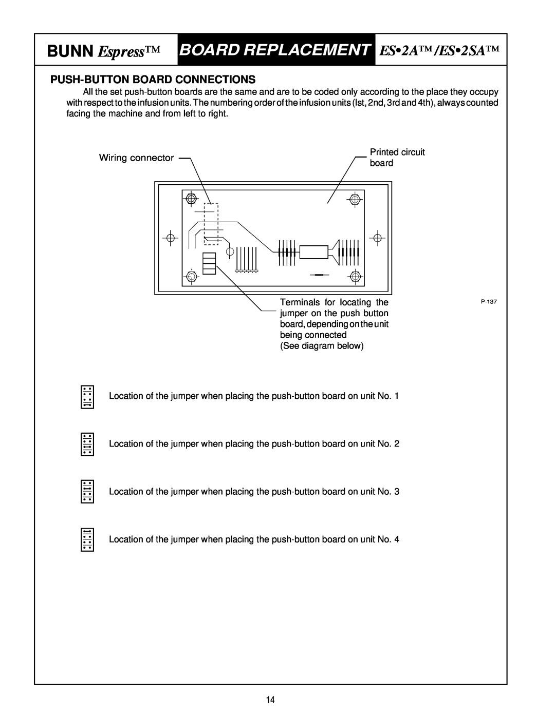 Bunn service manual Board Replacement, Push-Button Board Connections, BUNN Espress, ES2A/ES2SA 