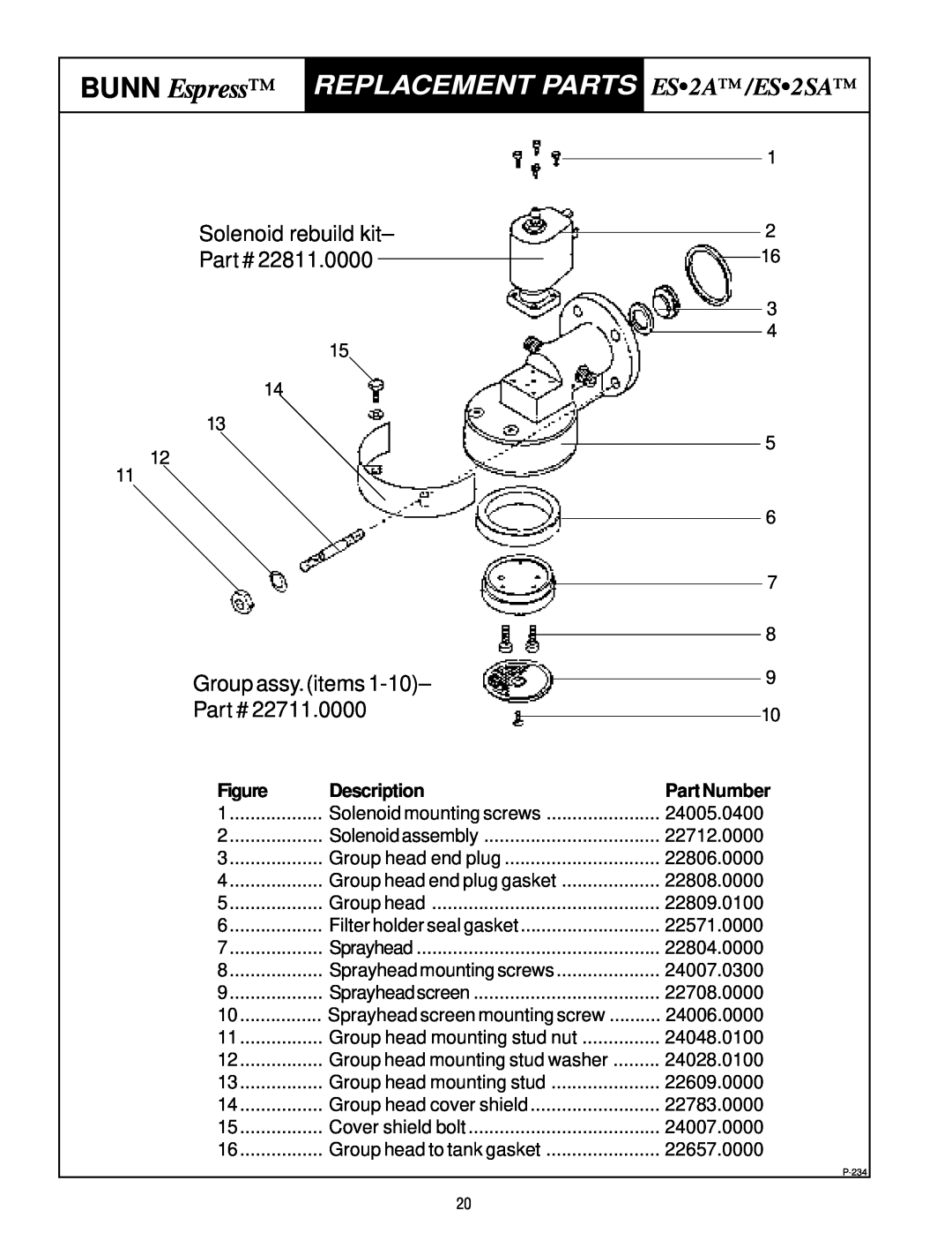 Bunn ES2SA Solenoid rebuild kit, 22811.0000, Group assy.items, 22711.0000, Part Number, BUNN Espress, Description 