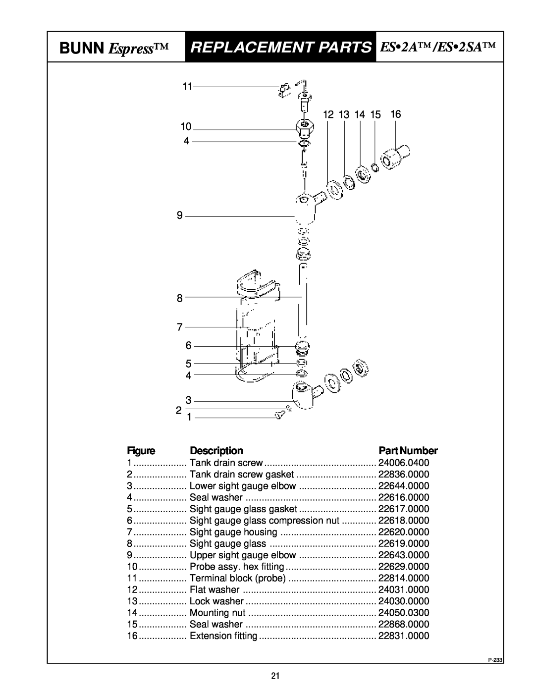Bunn service manual BUNN Espress, Replacement Parts, ES2A/ES2SA, Description, Part Number 