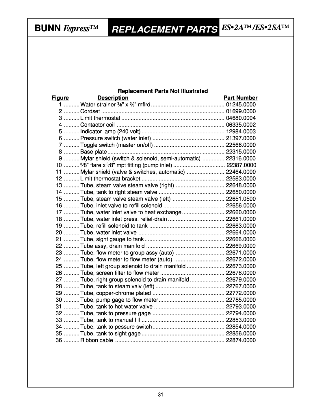 Bunn service manual BUNN Espress, ES2A/ES2SA, Replacement Parts Not Illustrated, Description 