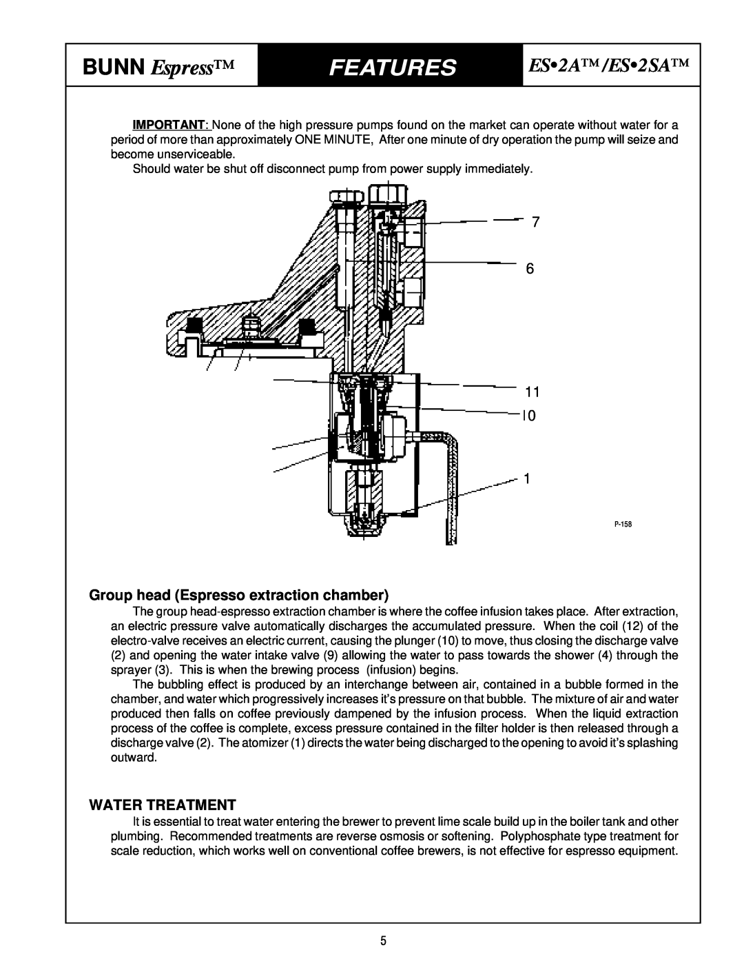 Bunn service manual Group head Espresso extraction chamber, Water Treatment, BUNN Espress, Features, ES2A/ES2SA 