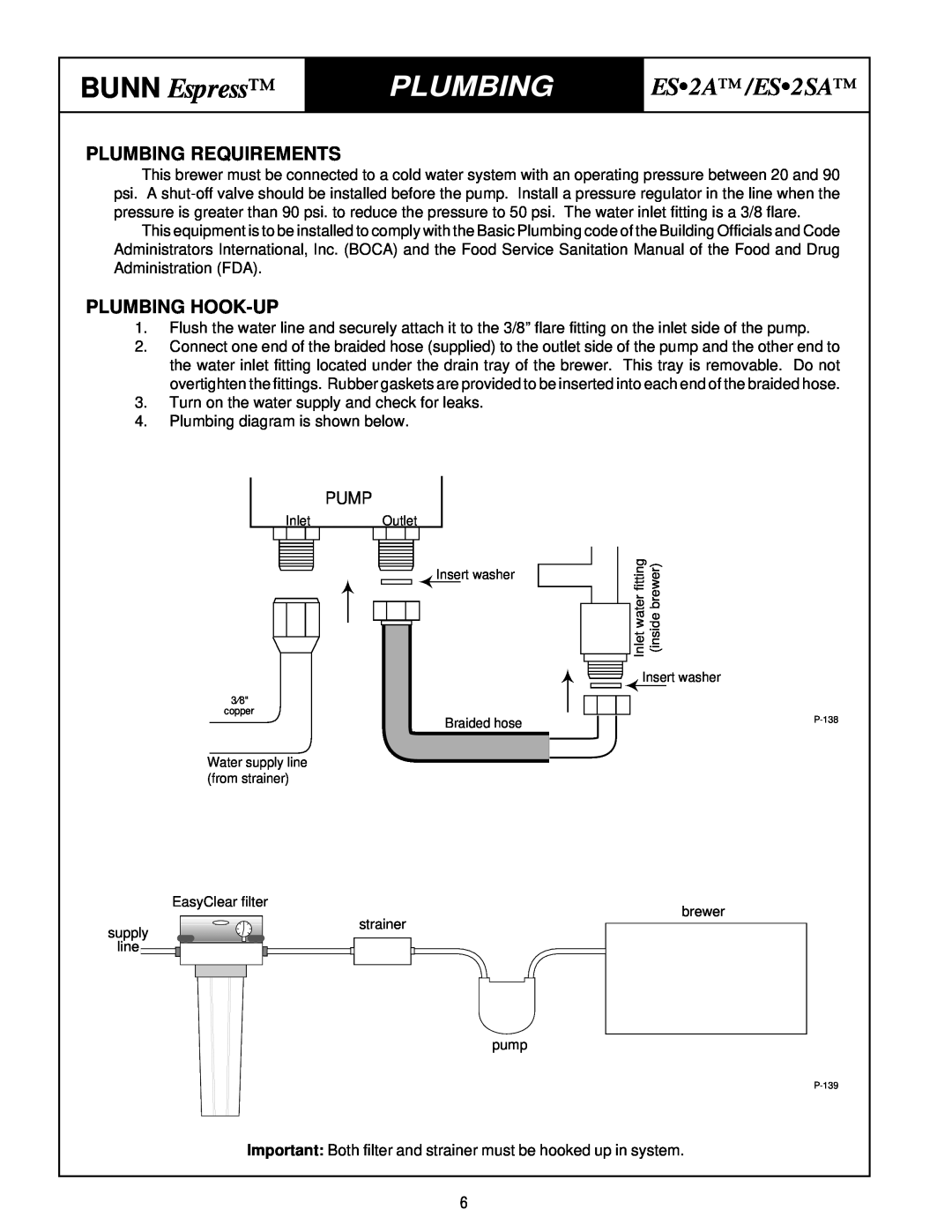 Bunn service manual Plumbing Requirements, Plumbing Hook-Up, BUNN Espress, ES2A/ES2SA 