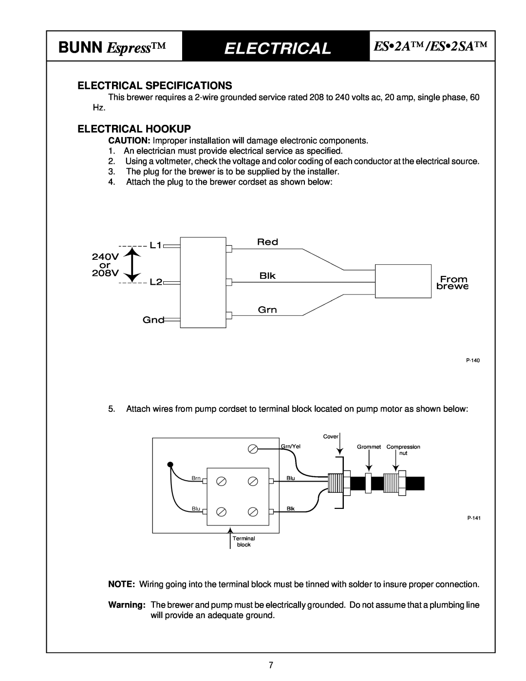 Bunn Electrical Specifications, Electrical Hookup, BUNN Espress, ES2A/ES2SA, L1 240V or L2 Gnd, Red Blk Grn 