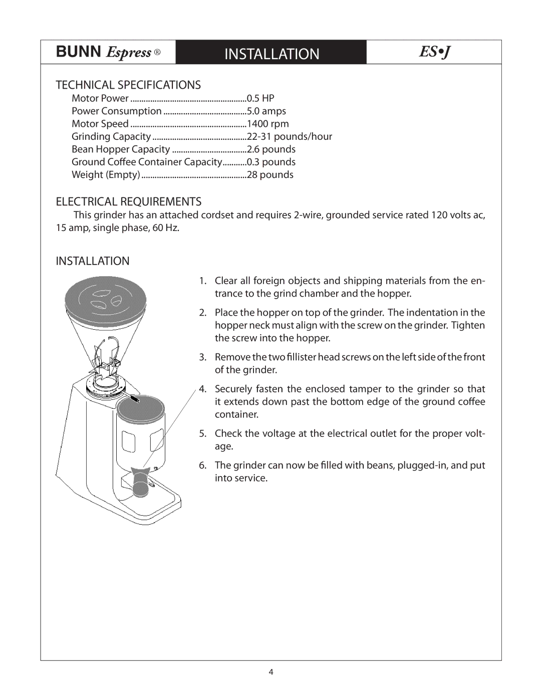 Bunn ESJ service manual Technical Specifications, Electrical Requirements, Installation 