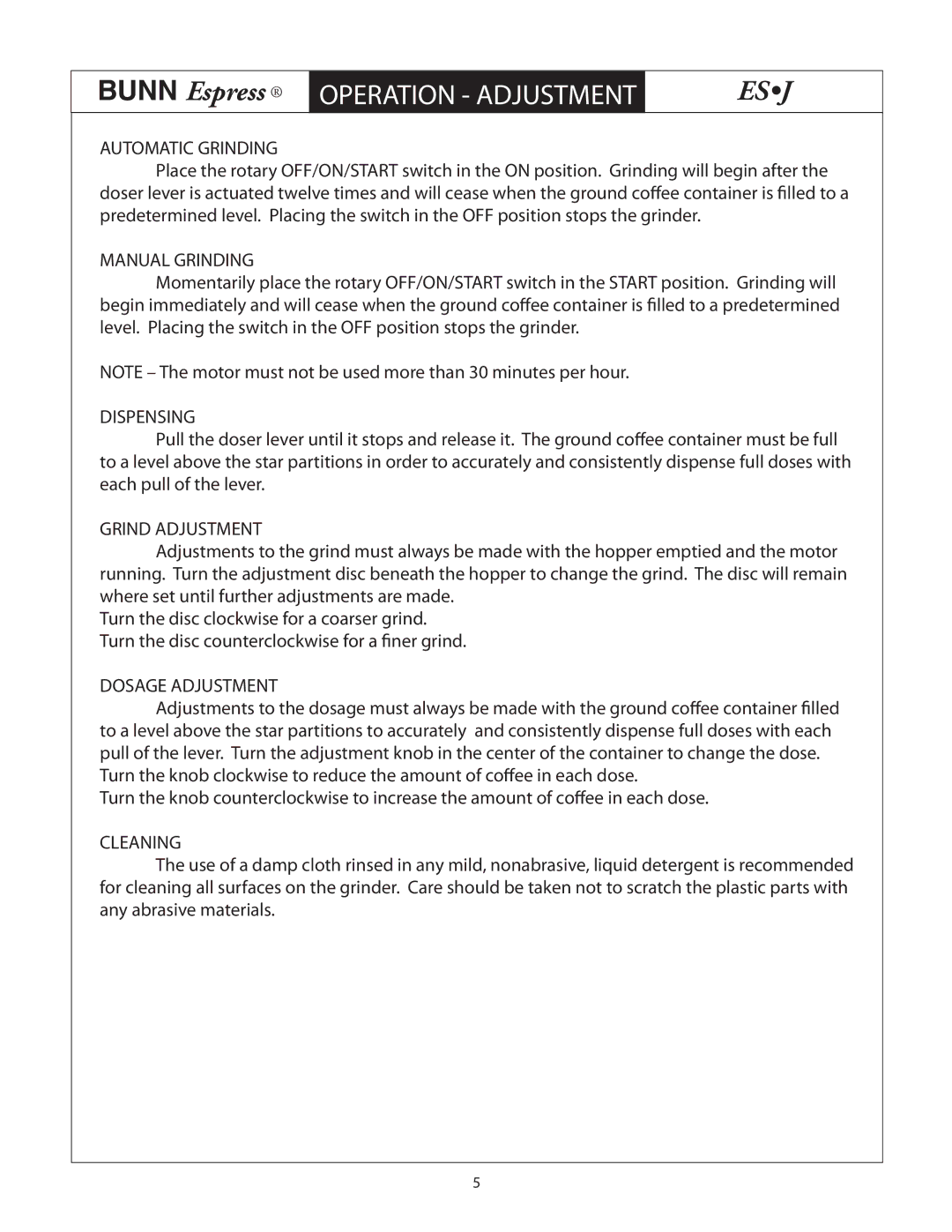 Bunn ESJ service manual Operation Adjustment 