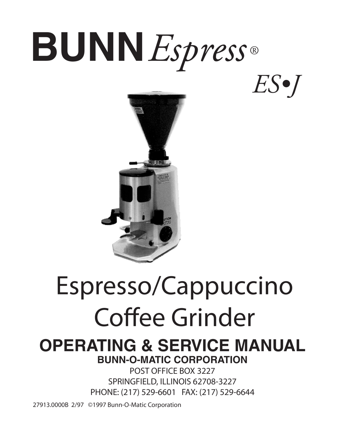 Bunn service manual BUNNEspress Espress ESJ, Esj, Espresso/Cappuccino Coffee Grinder, Bunn-O-Maticcorporation 