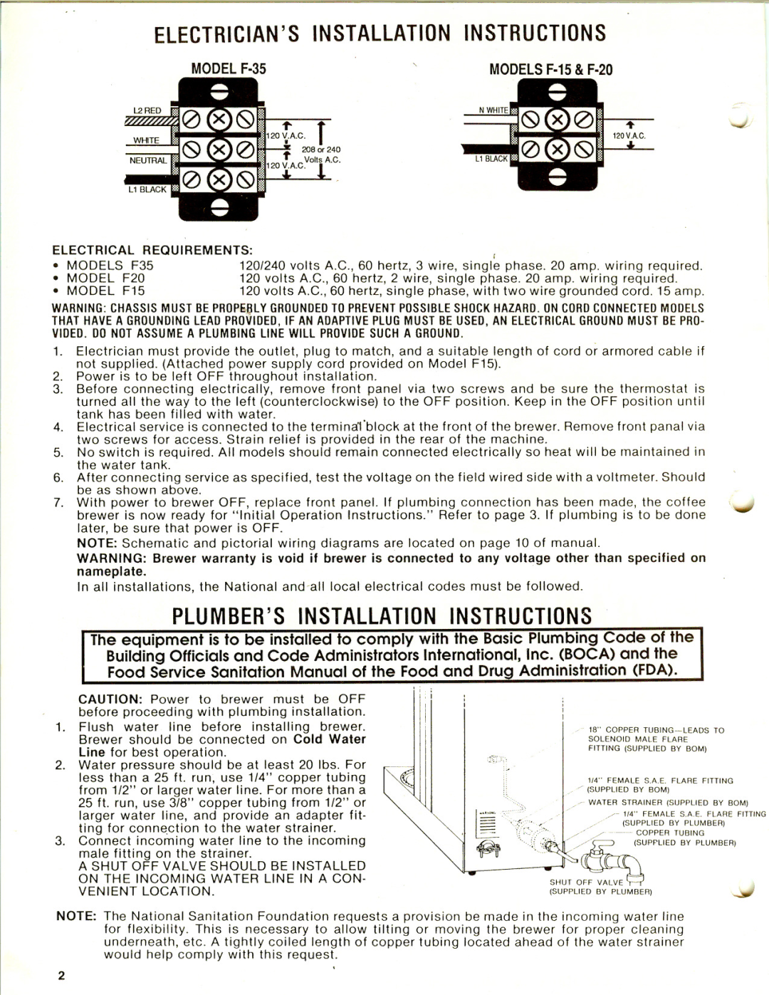 Bunn F-20, F-15, F-35 service manual Electrical Requirements, Model F15 