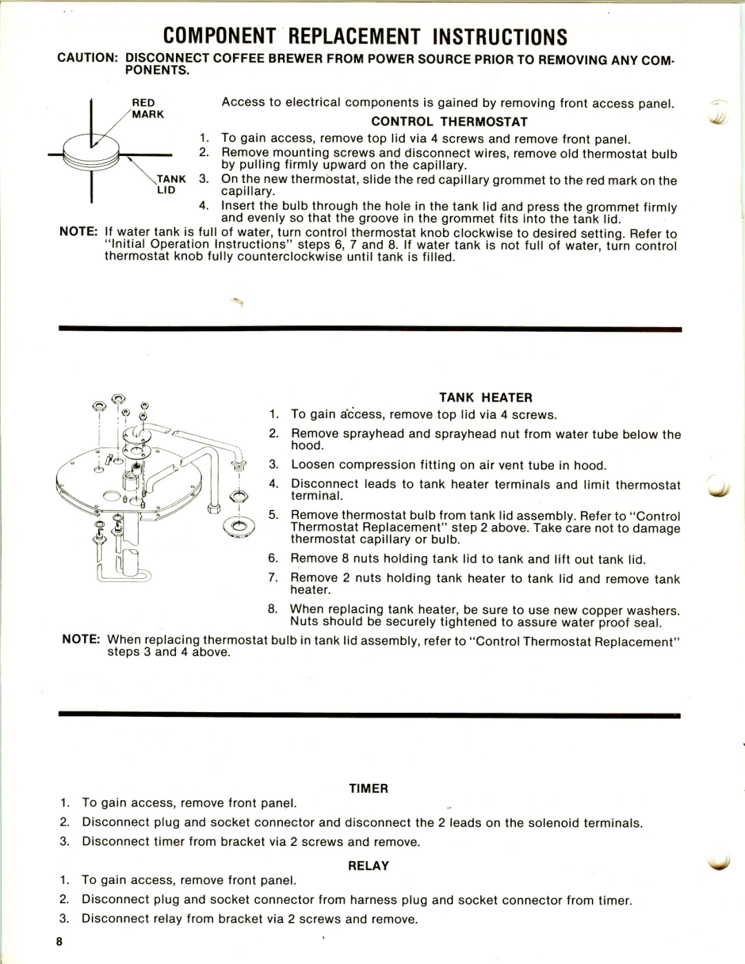 Bunn F-20, F-15, F-35 service manual Control Thermostat, Tank Heater, Timer, Relay 