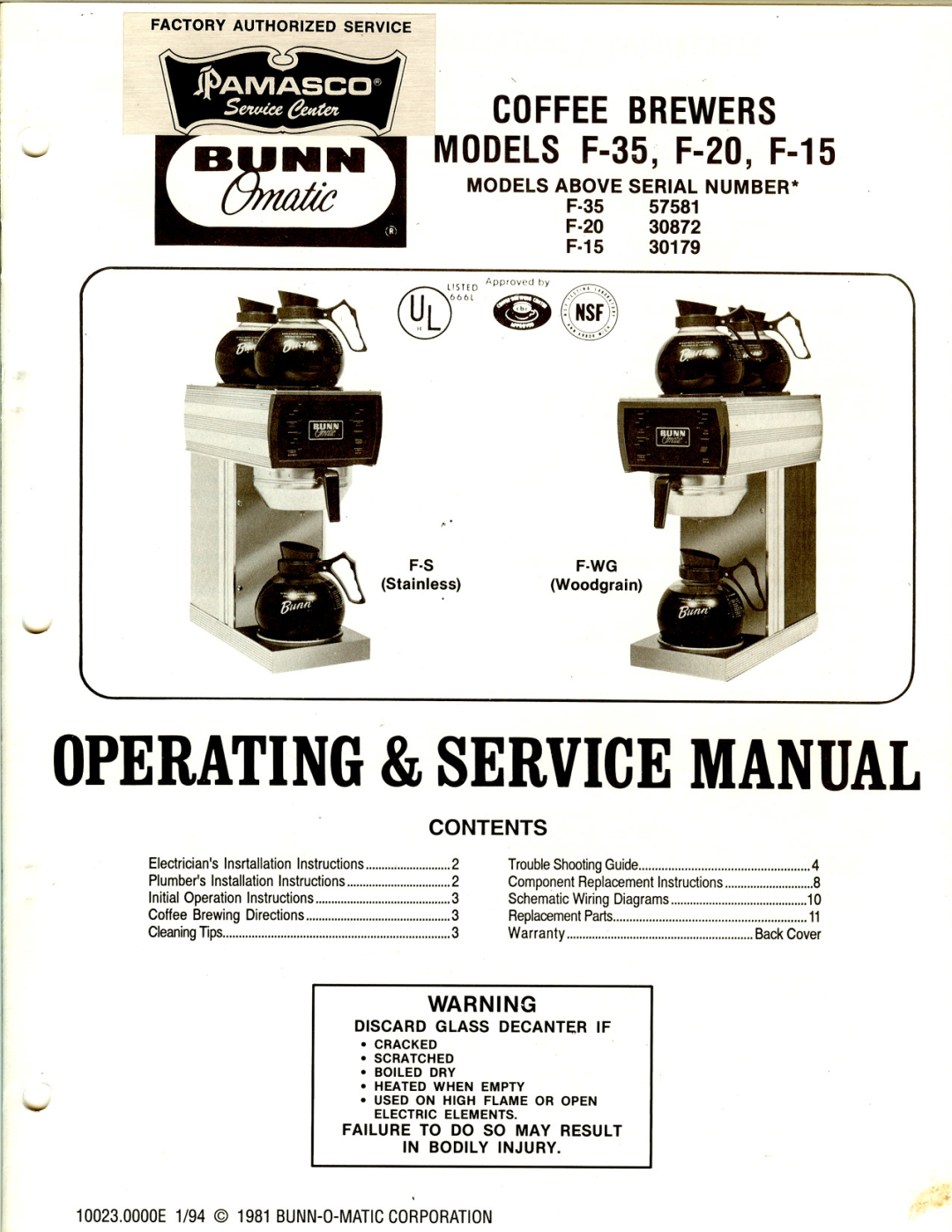 Bunn service manual COFFEE BREWERS MODELS F-35, F-20, F-15, F·35 F·20 F·15, Models Above Serial Number, F-Sf-Wg 
