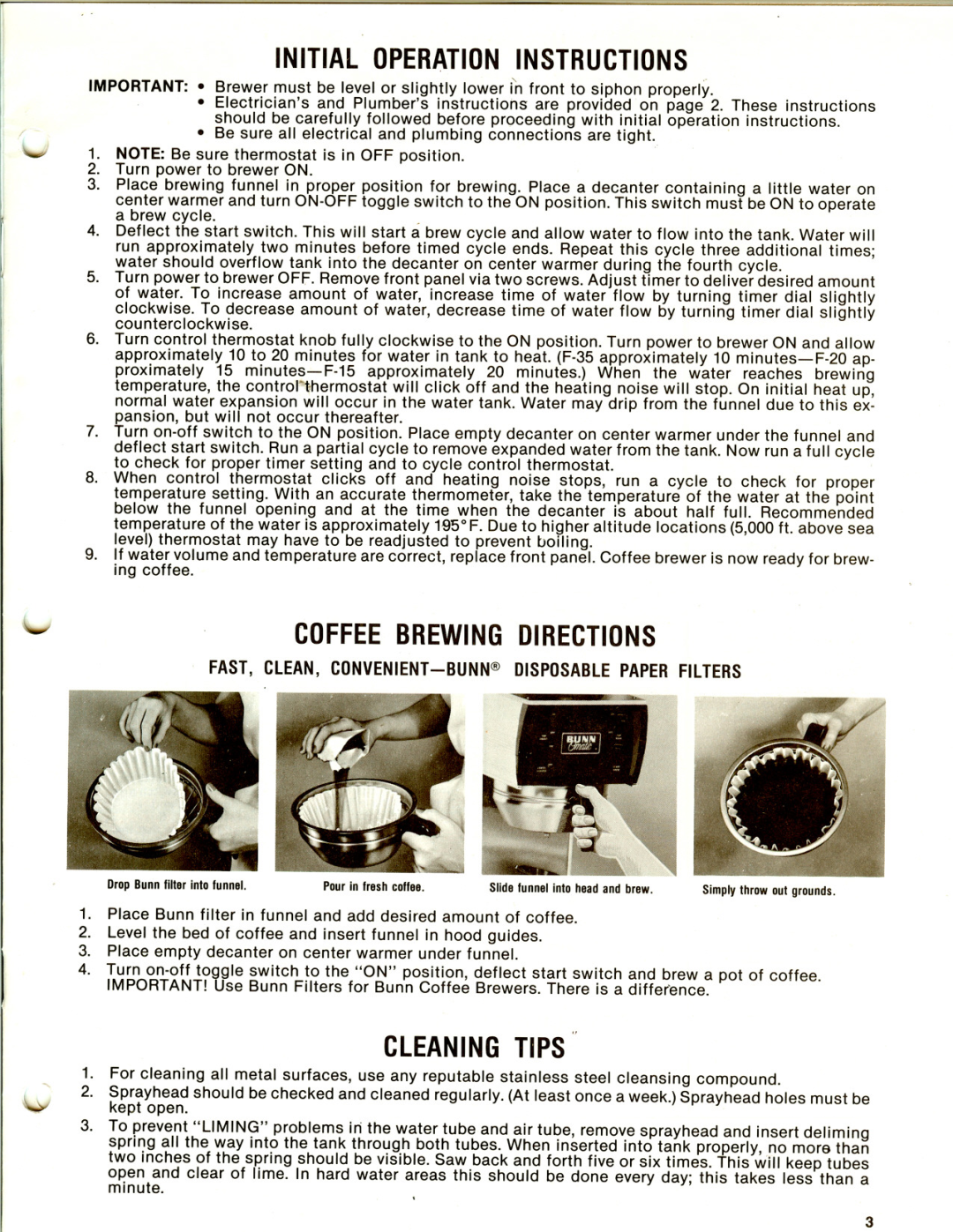 Bunn F-15, F-35, F-20 service manual Initial Operation Instructions, Coffee Brewing Directions, Cleaning Tips, 32\..-t 