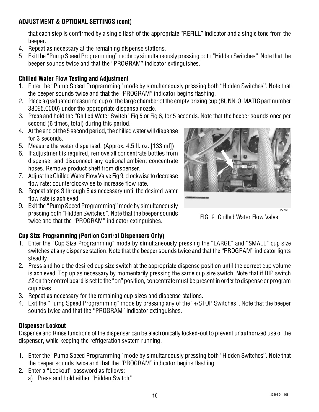 Bunn FCD-4 manual Adjustment & Optional Settings, Chilled Water Flow Testing and Adjustment, Dispenser Lockout 