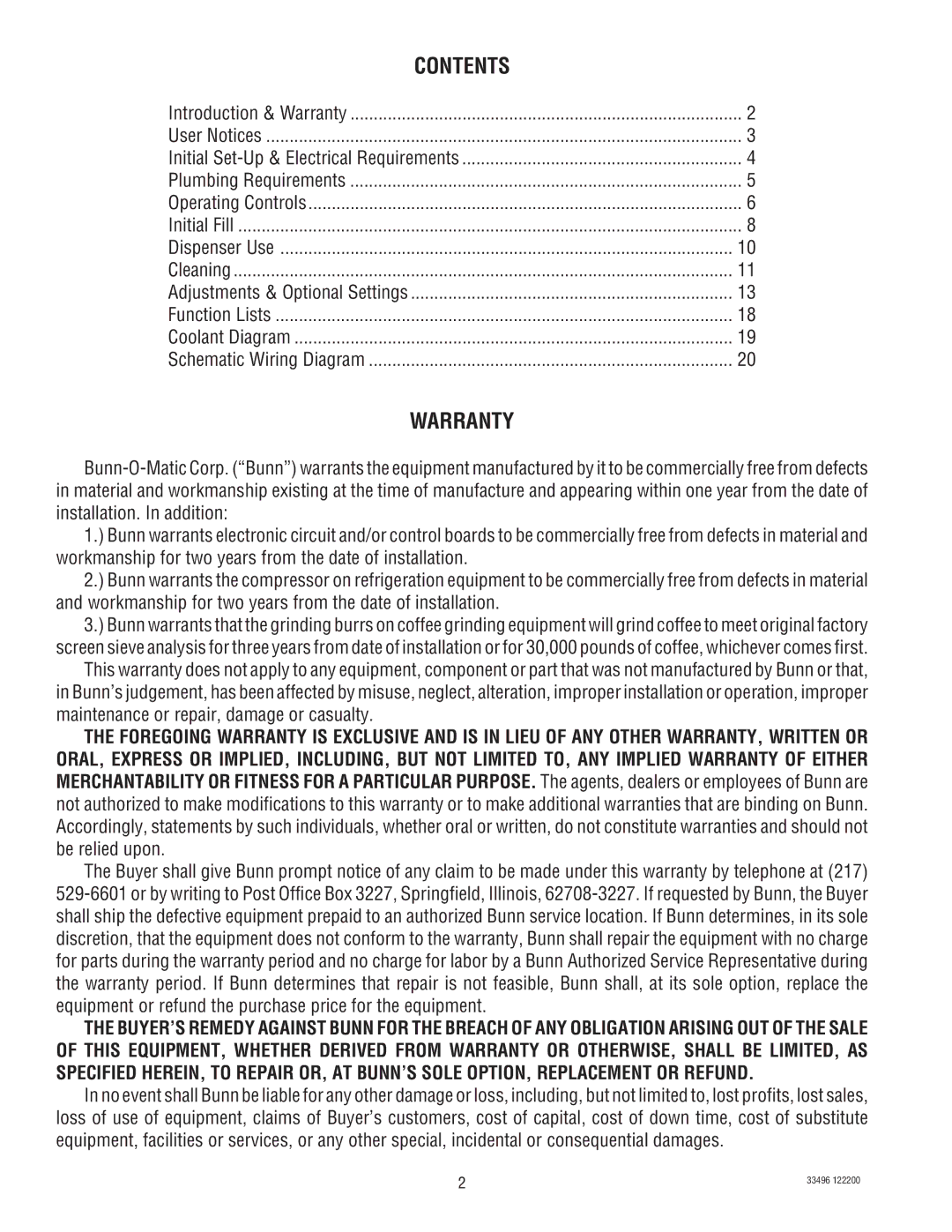 Bunn FCD-4 manual Contents, Warranty 