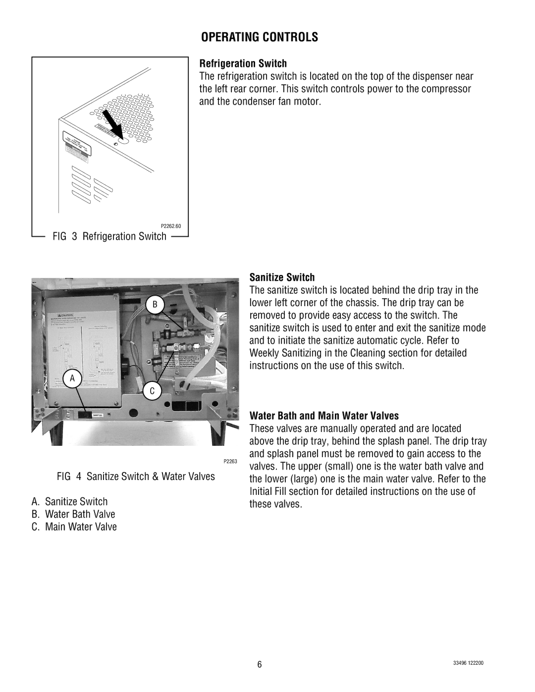 Bunn FCD-4 manual Operating Controls, Refrigeration Switch, Sanitize Switch, Water Bath and Main Water Valves 