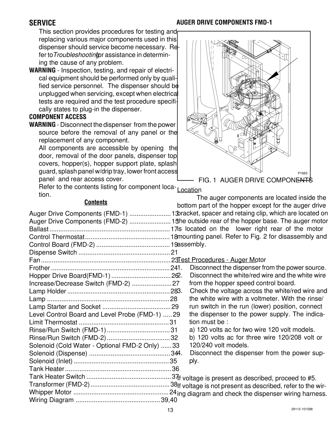 Bunn FMD-2 service manual Service, Component Access, Contents, Auger Drive Components FMD-1 