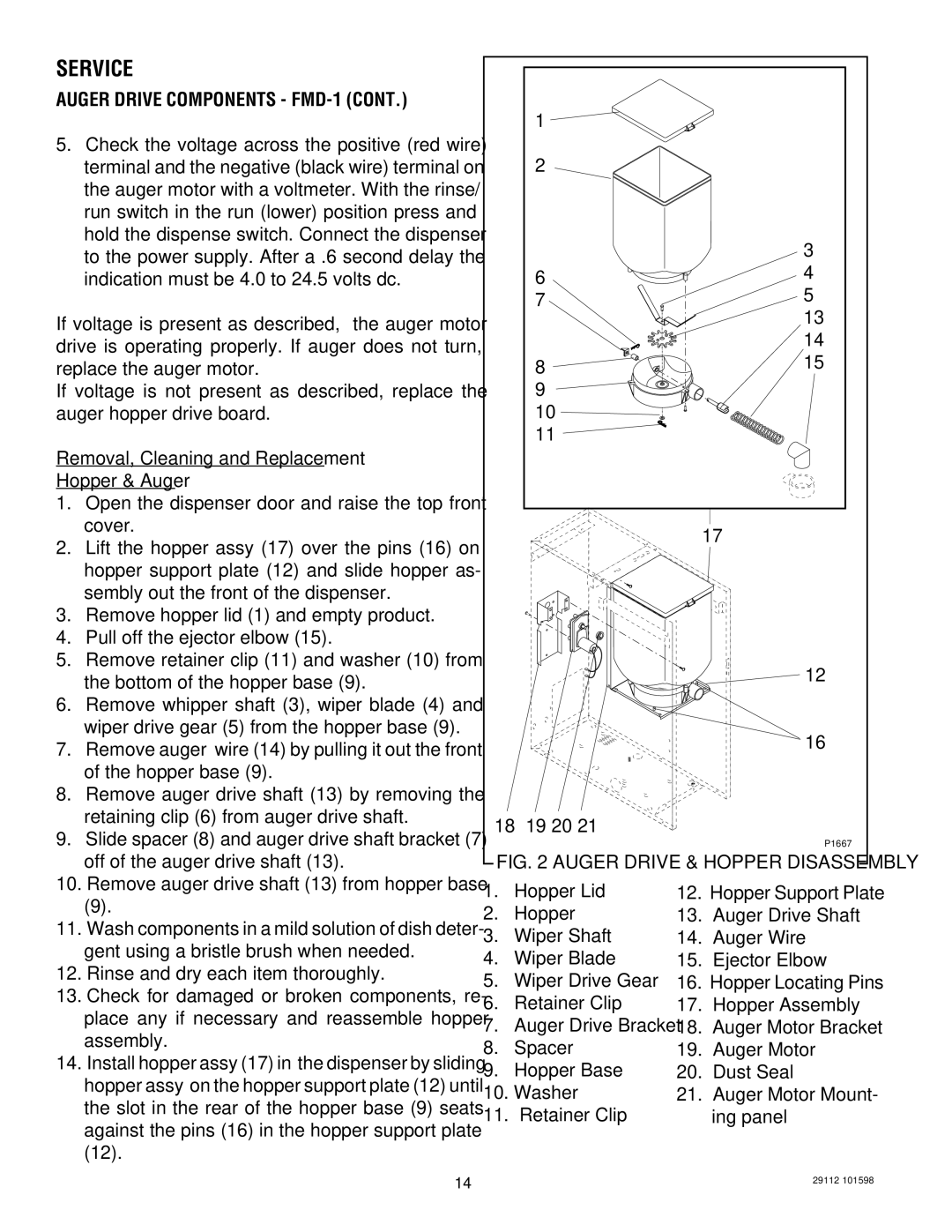 Bunn FMD-1, FMD-2 service manual Hopper Lid, Retainer Clip Hopper Assembly, Spacer Auger Motor Hopper Base Dust Seal Washer 