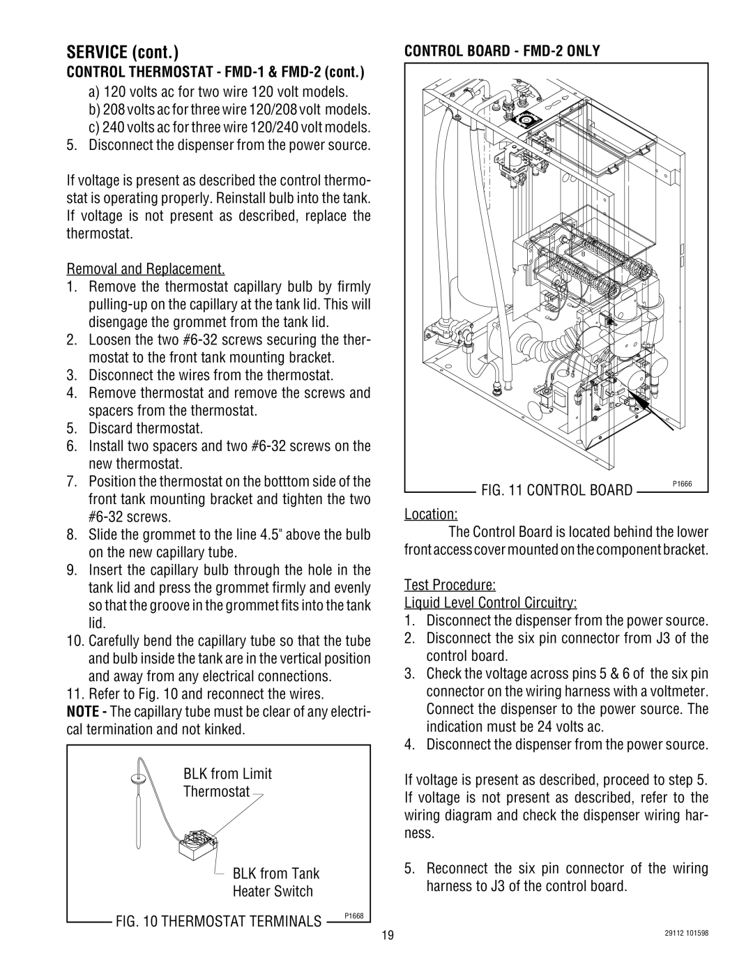 Bunn FMD-1 service manual Control Board FMD-2 only, Thermostat Terminals 