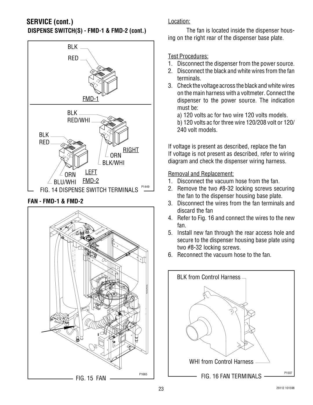 Bunn service manual FAN FMD-1 & FMD-2, Dispense Switch Terminals P1449 