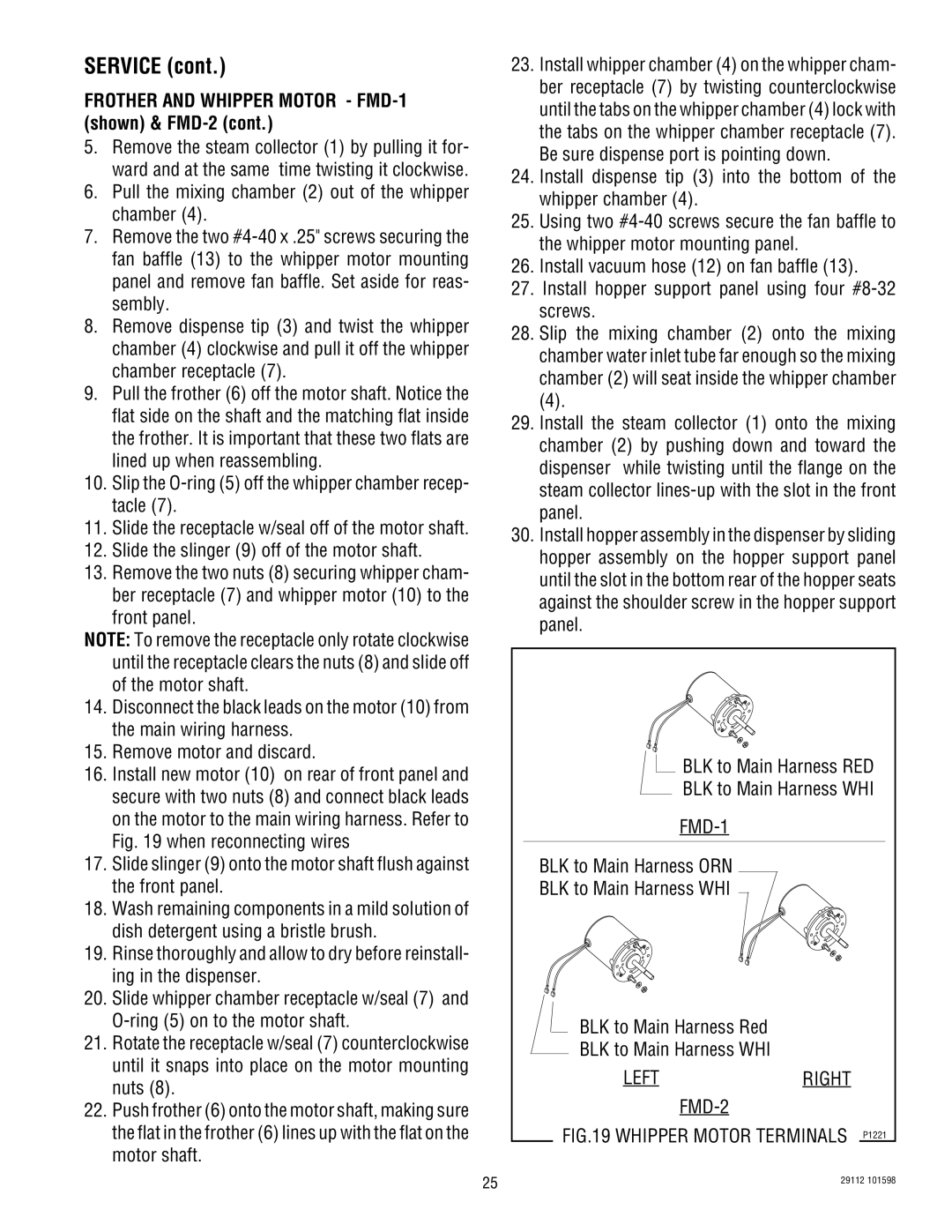 Bunn service manual Frother and Whipper Motor FMD-1 shown & FMD-2, Whipper Motor Terminals P1221 