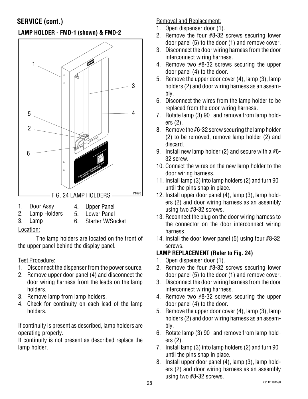 Bunn FMD-1, FMD-2 service manual Door Assy Upper Panel Lamp Holders Lower Panel, Lamp Replacement Refer to Fig 