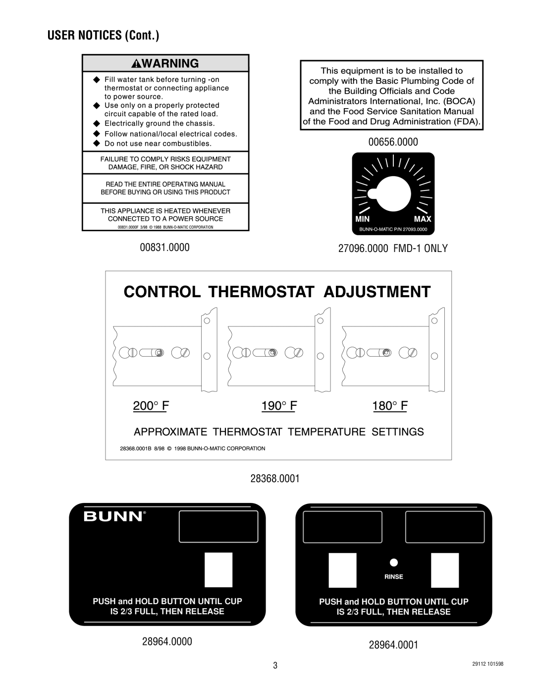 Bunn FMD-2 service manual 00656.0000, FMD-1 only, 28368.0001 