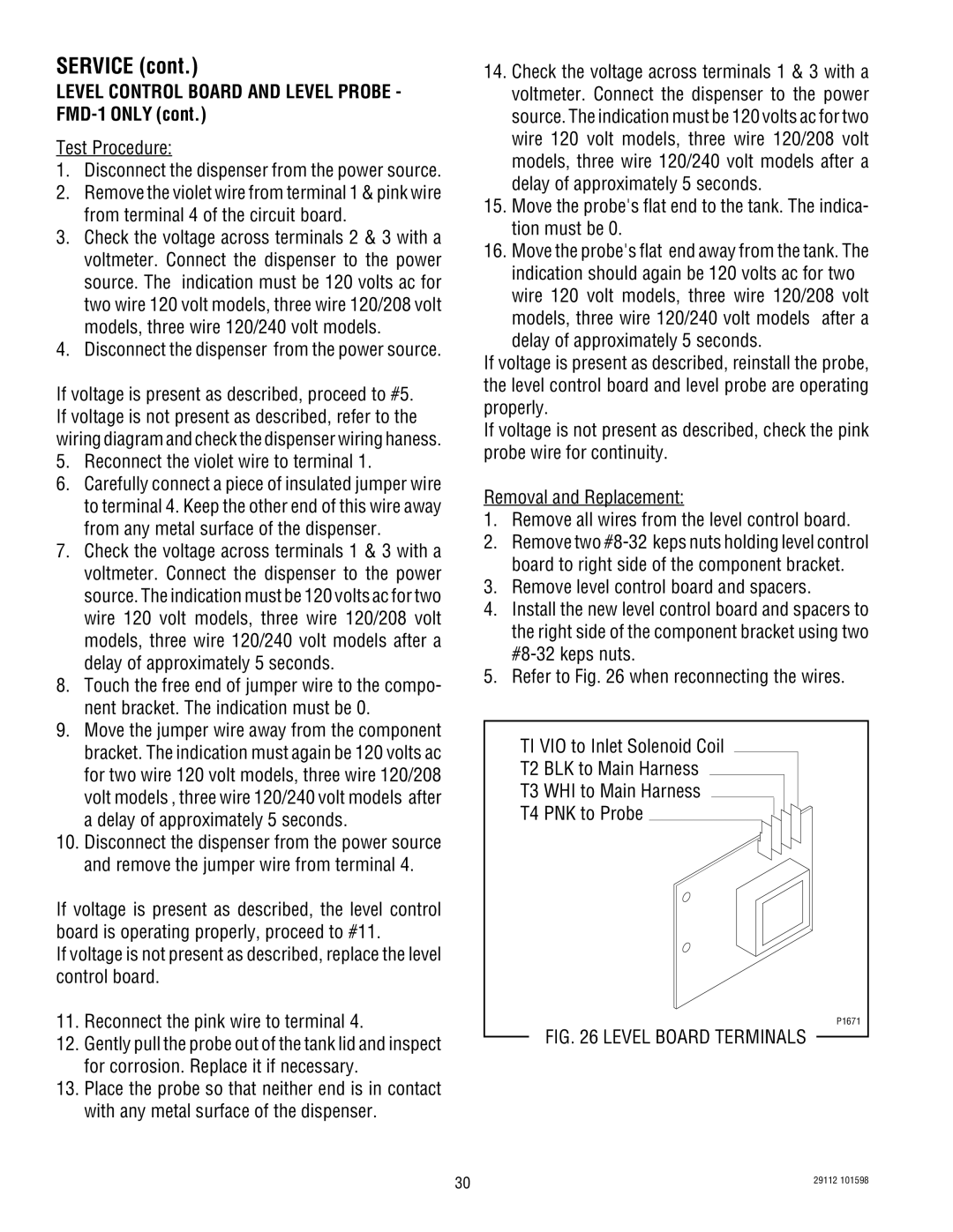 Bunn FMD-2 service manual Level Control Board and Level Probe FMD-1 only, Reconnect the violet wire to terminal 