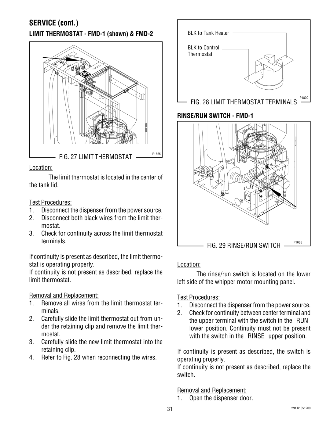 Bunn FMD-2 service manual Location, RINSE/RUN Switch FMD-1 