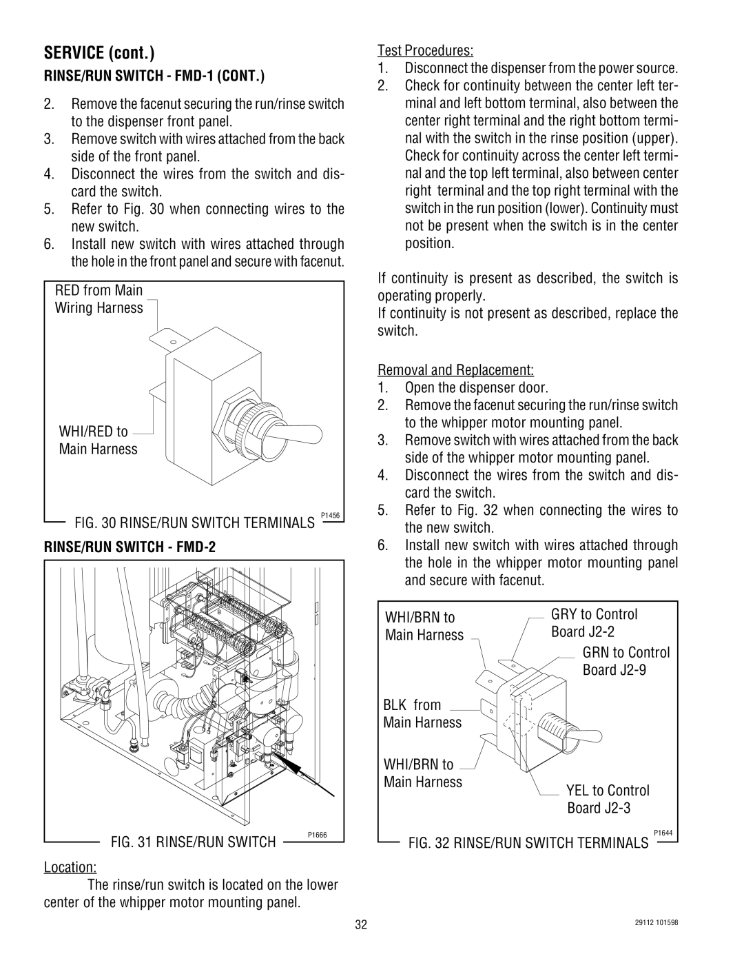 Bunn FMD-1 service manual WHI/RED to, RINSE/RUN Switch FMD-2, BLK from Main Harness WHI/BRN to YEL to Control Board J2-3 