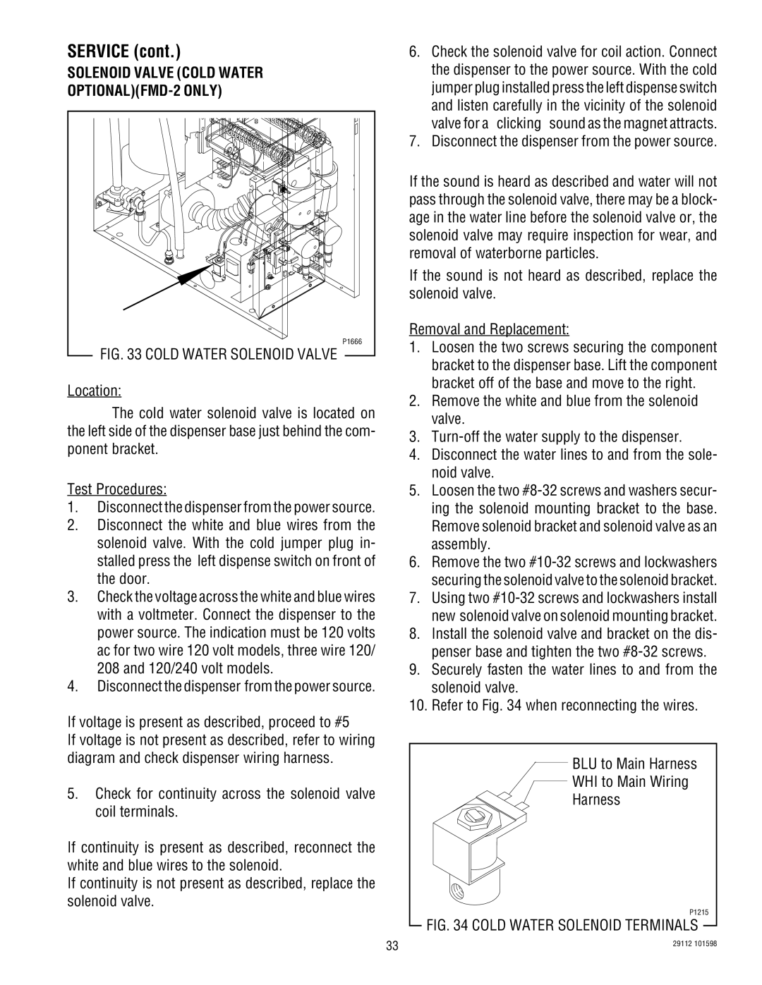 Bunn FMD-1 service manual Solenoid Valve Cold Water OPTIONALFMD-2 only, Cold Water Solenoid Valve 