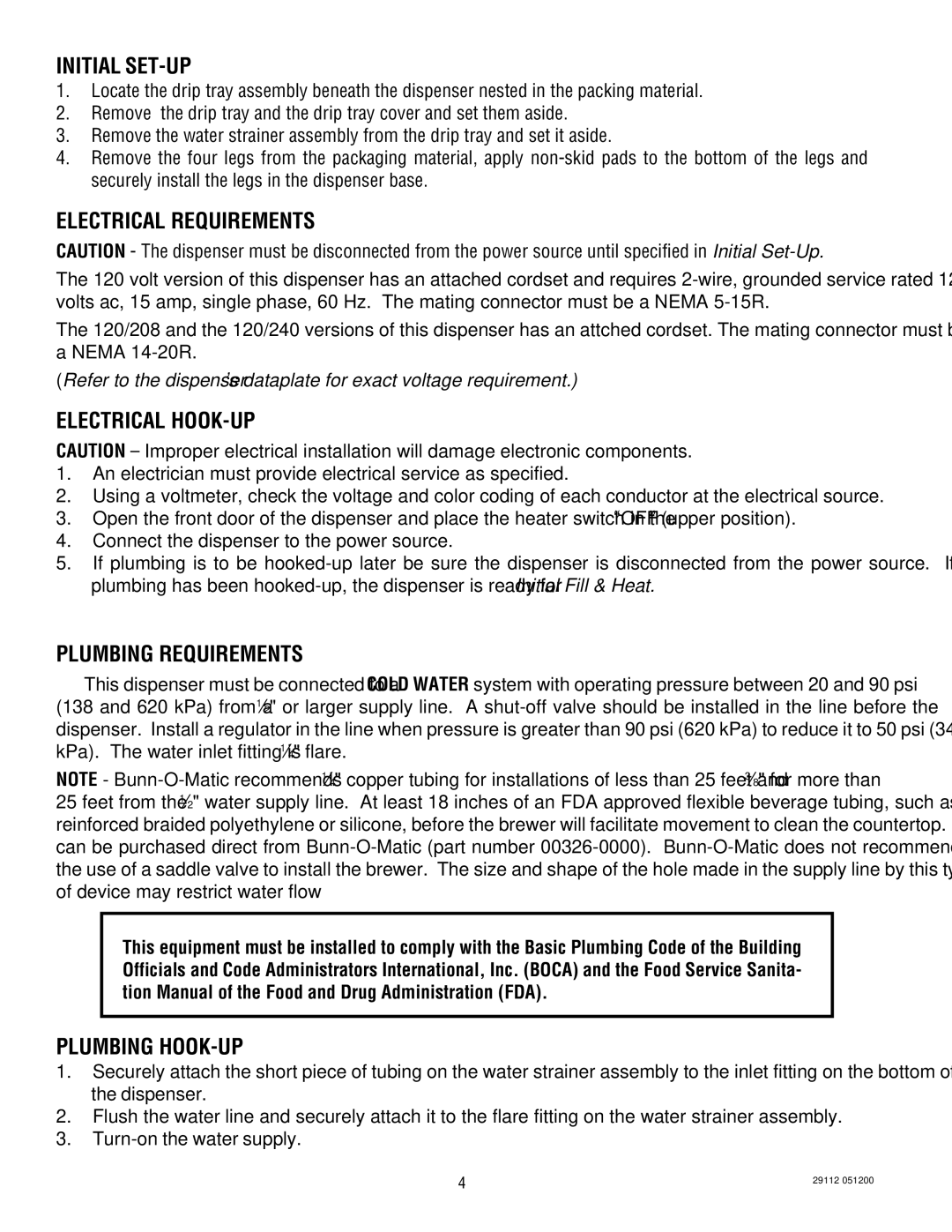 Bunn FMD-1, FMD-2 Initial SET-UP, Electrical Requirements, Electrical HOOK-UP, Plumbing Requirements, Plumbing HOOK-UP 