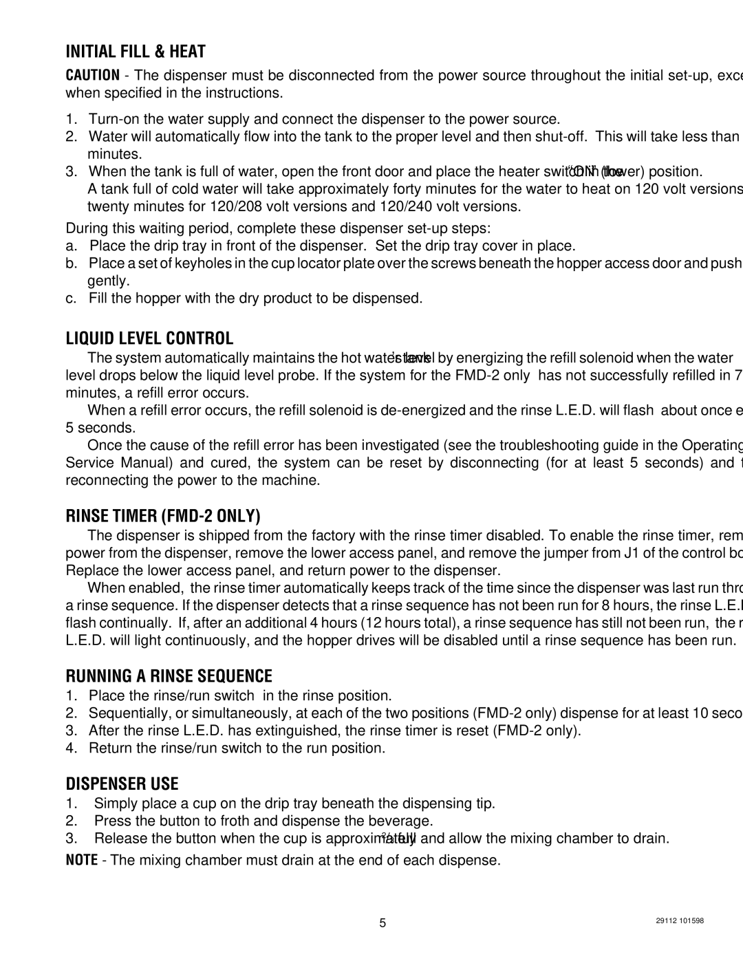 Bunn FMD-1 Initial Fill & Heat, Liquid Level Control, Rinse Timer FMD-2 only, Running a Rinse Sequence, Dispenser USE 