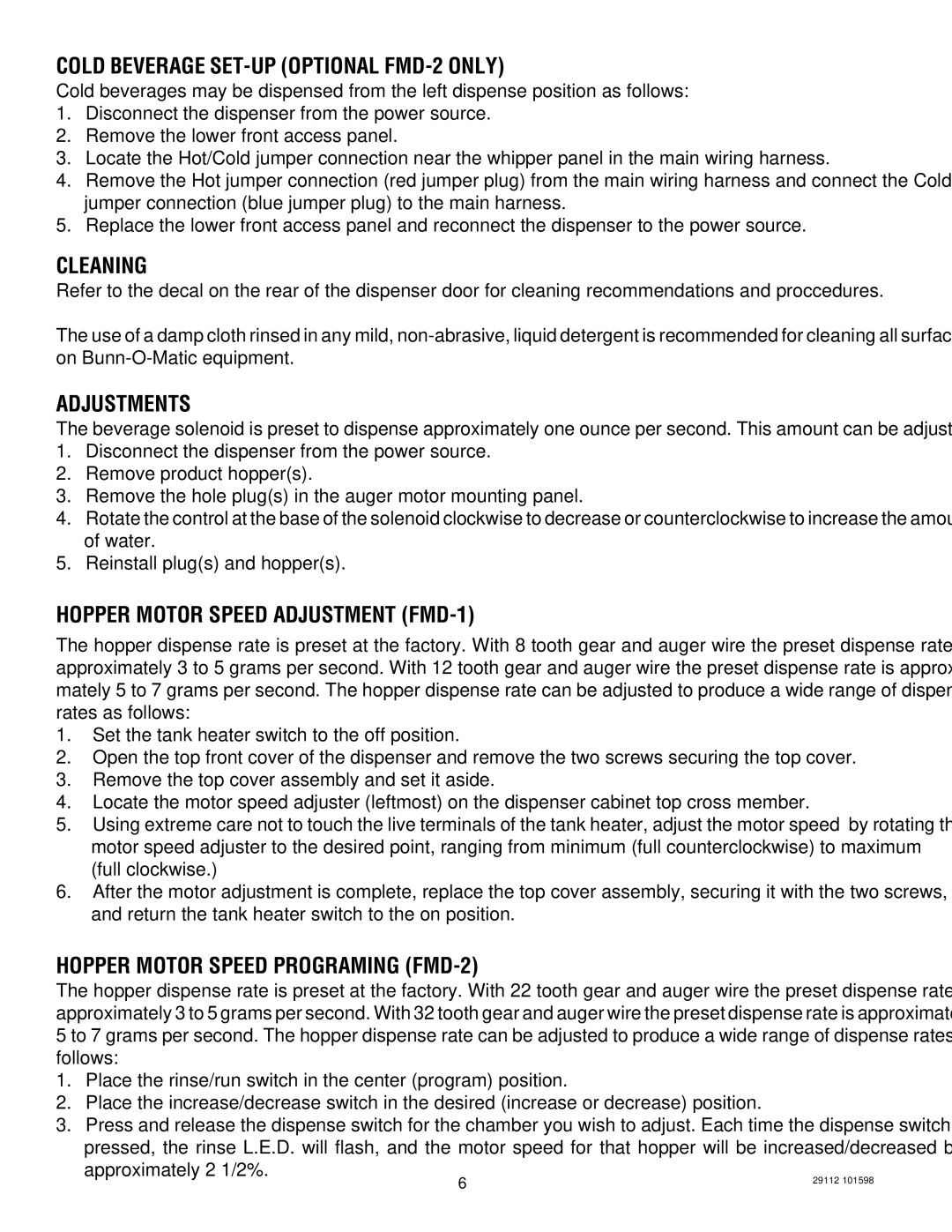 Bunn service manual Cold Beverage SET-UP Optional FMD-2 only, Cleaning, Adjustments, Hopper Motor Speed Adjustment FMD-1 