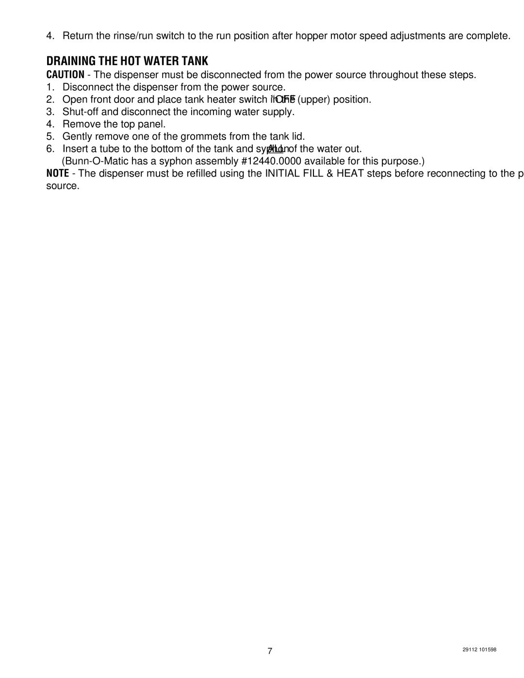 Bunn FMD-2, FMD-1 service manual Draining the HOT Water Tank 