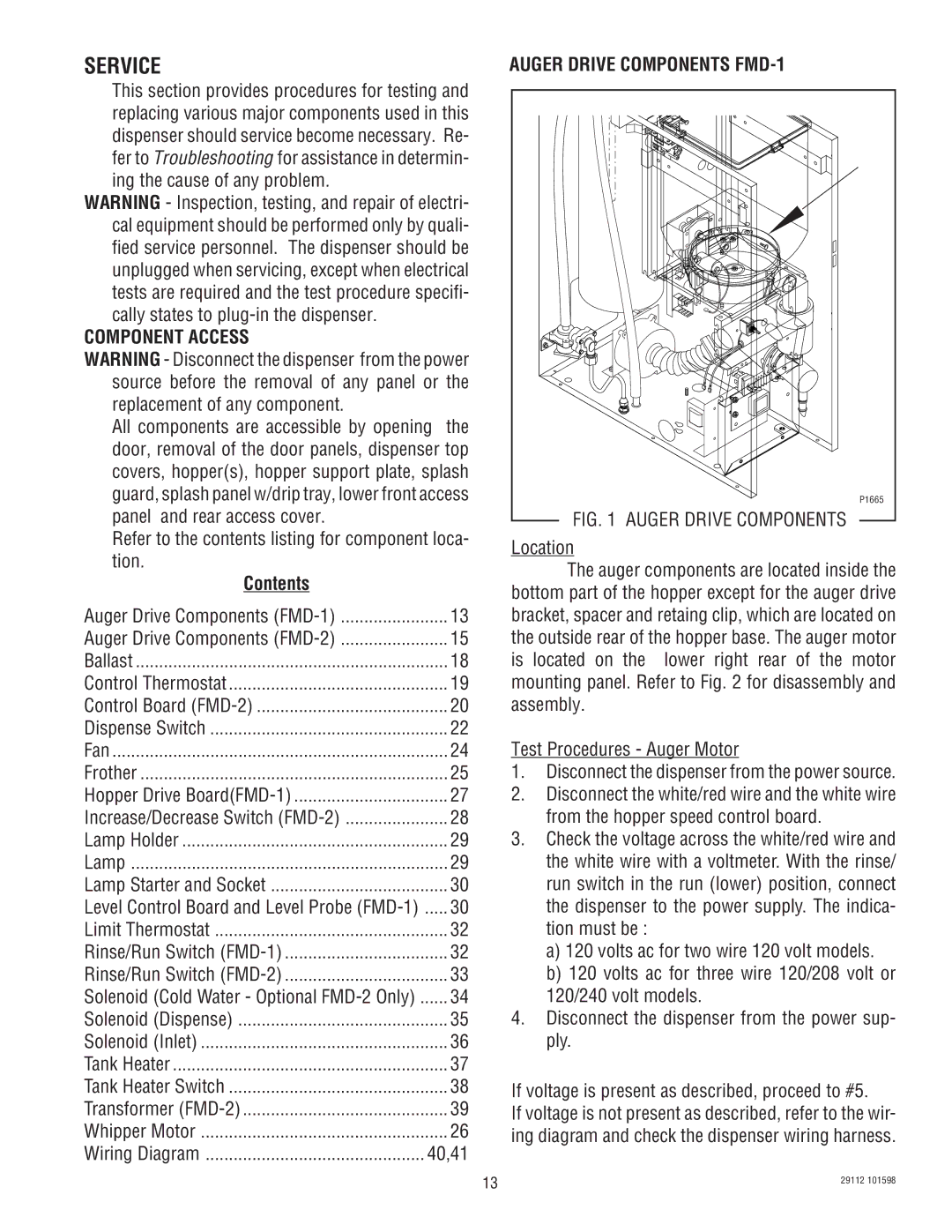 Bunn FMD-1 FMD-2 service manual Service, Component Access, Contents, Auger Drive Components FMD-1 