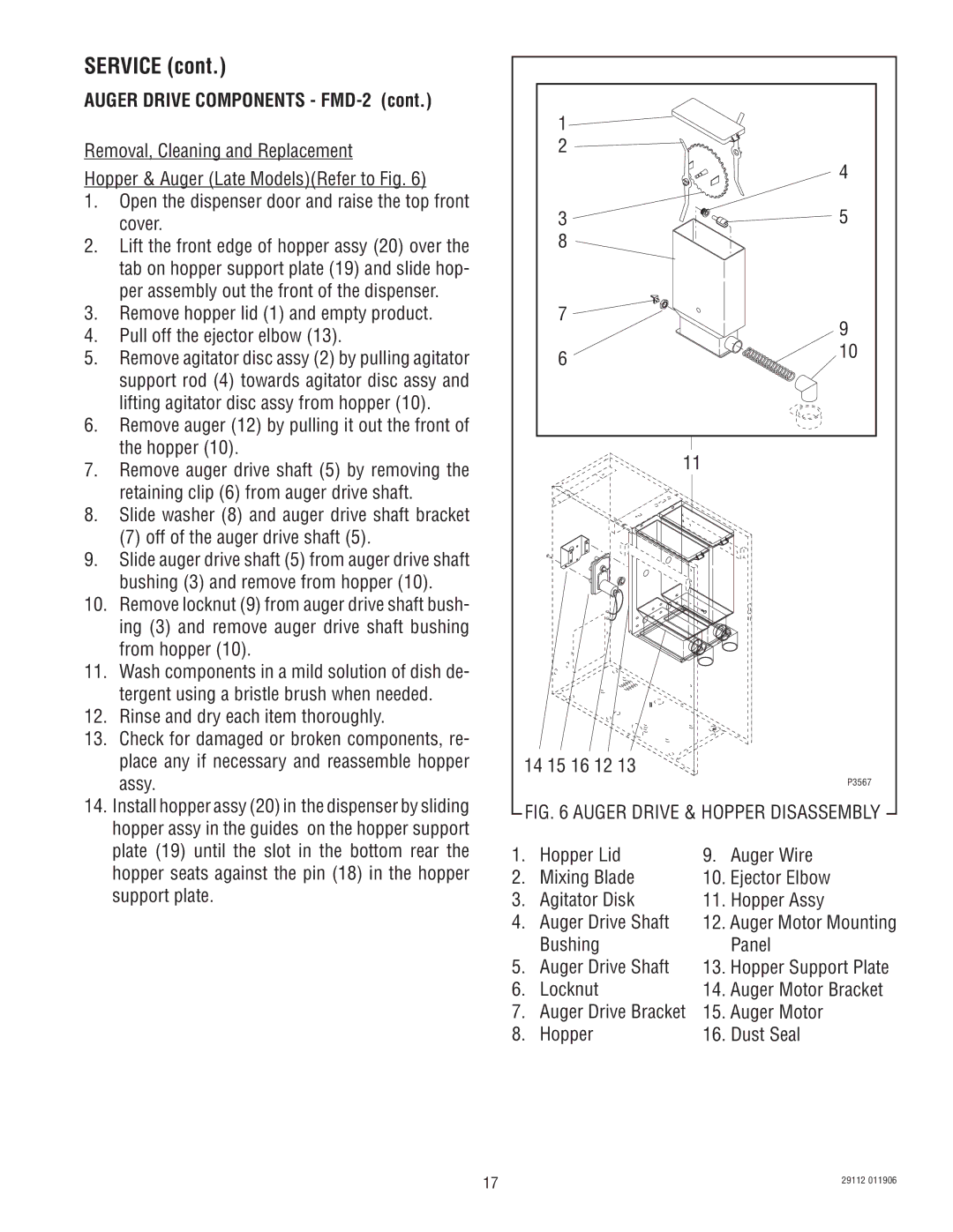 Bunn FMD-1 FMD-2 service manual Auger Drive Components FMD-2, Bushing Panel Auger Drive Shaft, Hopper Dust Seal 