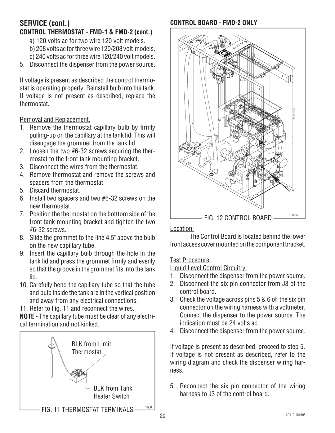 Bunn FMD-1 FMD-2 service manual Control Board FMD-2 only, Thermostat Terminals 