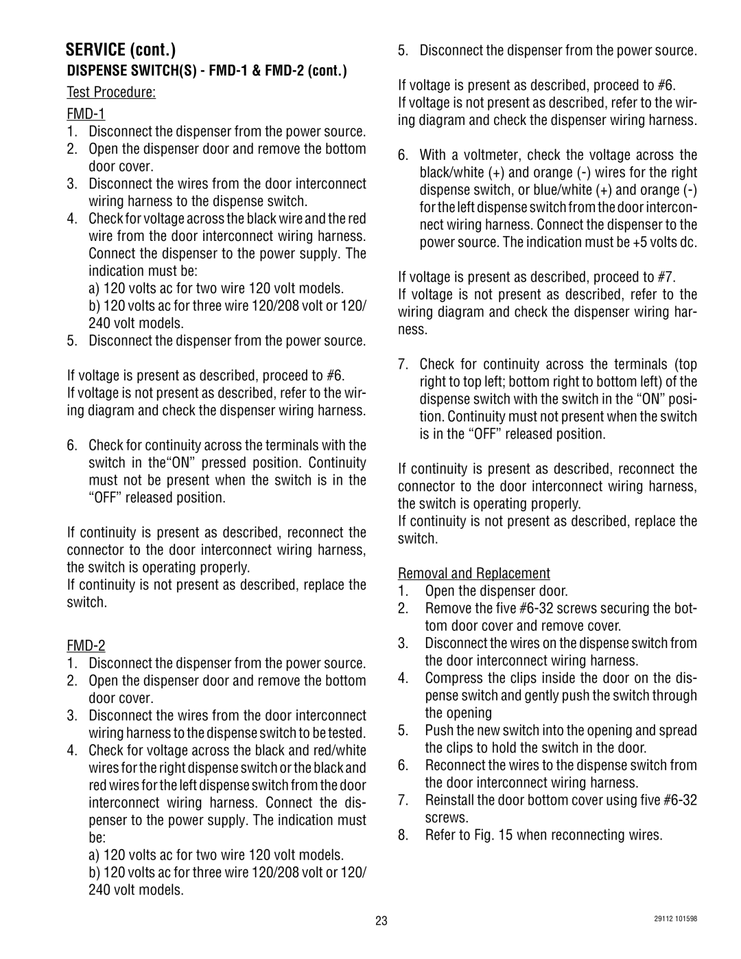 Bunn FMD-1 FMD-2 service manual Dispense Switchs FMD-1 & FMD-2, Test Procedure 