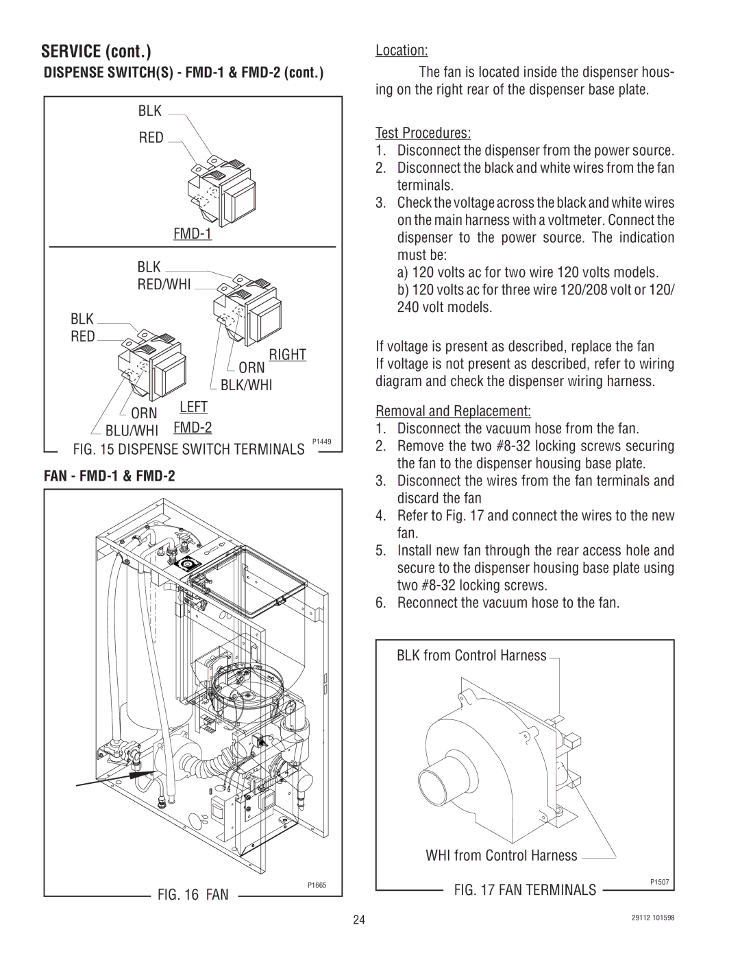 Bunn FMD-1 FMD-2 service manual FAN FMD-1 & FMD-2, Dispense Switch Terminals P1449 