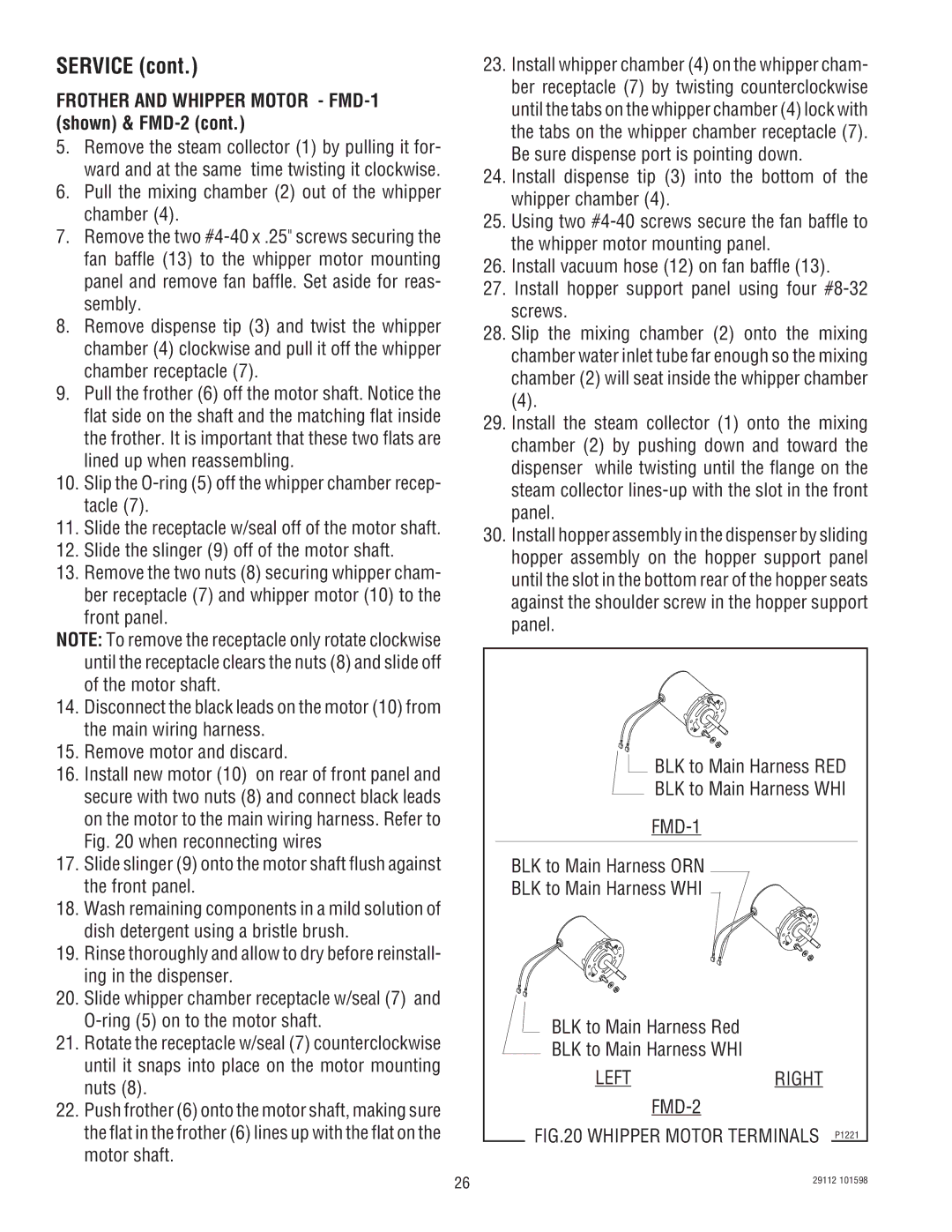 Bunn FMD-1 FMD-2 service manual Frother and Whipper Motor FMD-1 shown & FMD-2, Whipper Motor Terminals P1221 