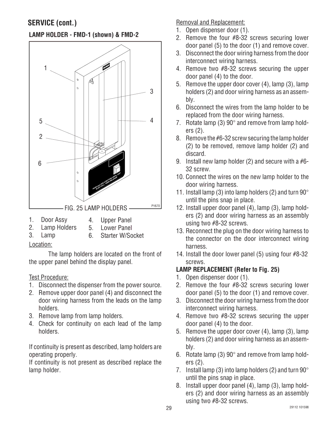 Bunn FMD-1 FMD-2 service manual Door Assy Upper Panel Lamp Holders Lower Panel, Lamp Replacement Refer to Fig 