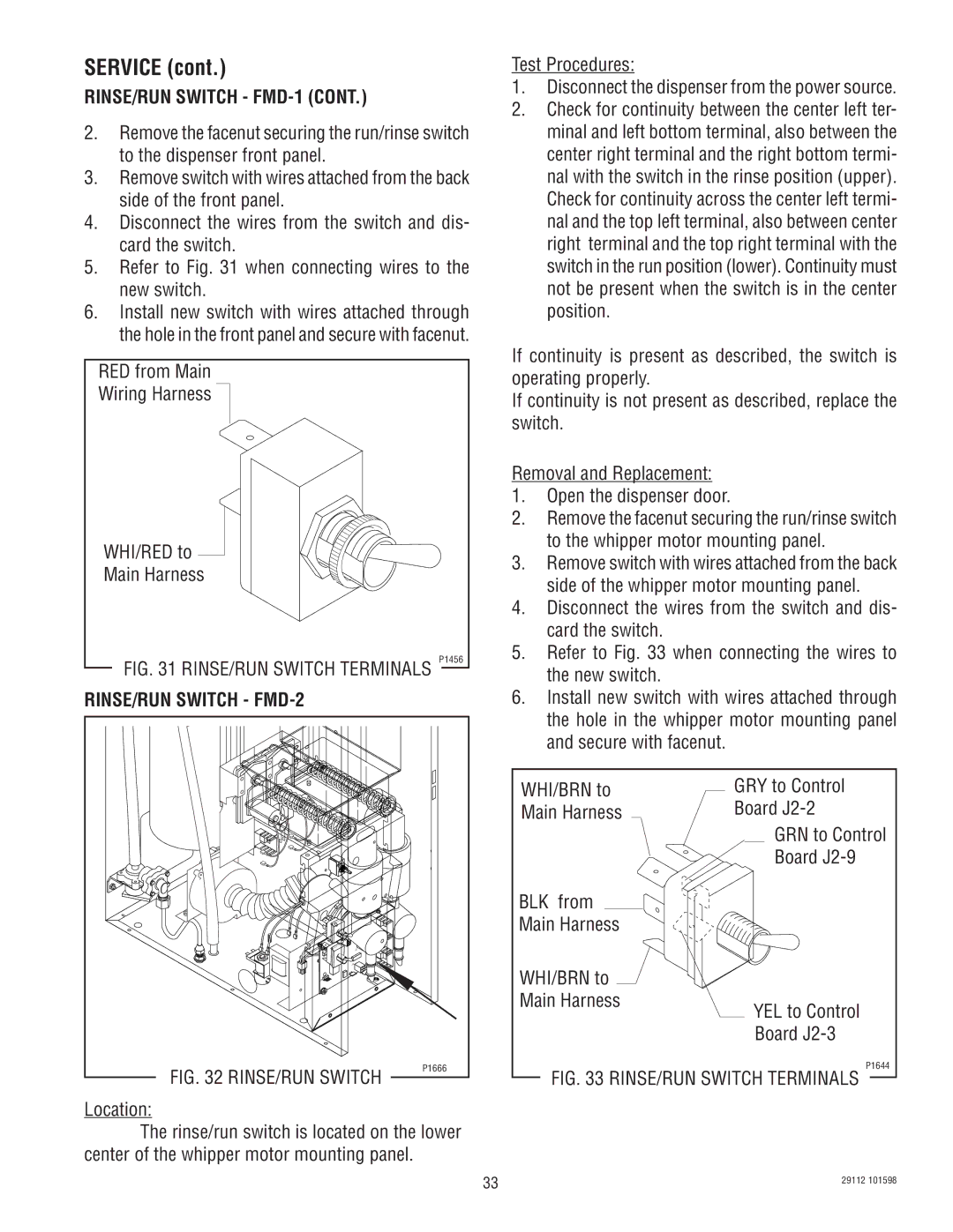 Bunn FMD-1 FMD-2 WHI/RED to, RINSE/RUN Switch FMD-2, BLK from Main Harness WHI/BRN to YEL to Control Board J2-3 