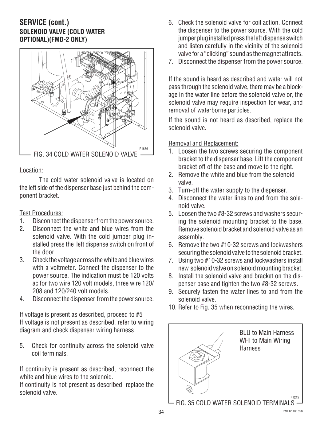 Bunn FMD-1 FMD-2 service manual Solenoid Valve Cold Water OPTIONALFMD-2 only, Cold Water Solenoid Valve 