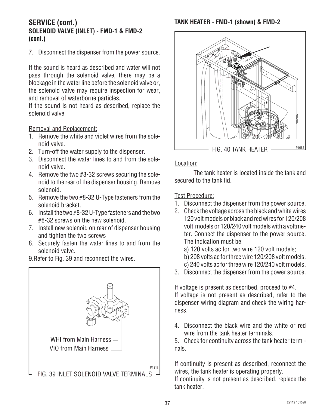 Bunn FMD-1 FMD-2 service manual Solenoid Valve Inlet FMD-1 & FMD-2, Tank Heater 